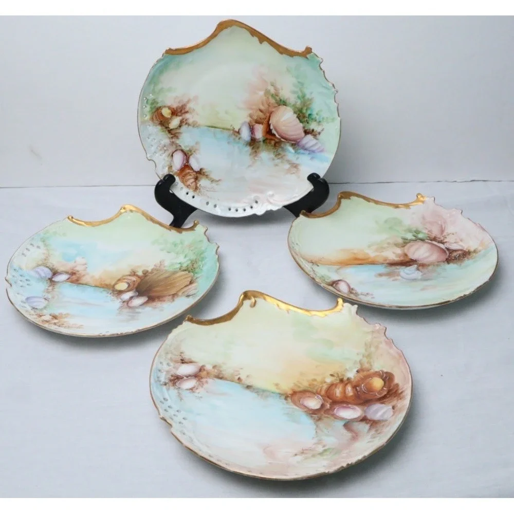 4 Antique Bavaria Rosenthal Savoy Porcelain Sea Shell Plates Gold Gilt Trim